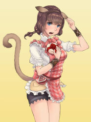 Rule 34 | 1girl, animal ears, apron, adventurer (ff11), black shorts, box, breasts, brown hairband, brown tail, cactus41747280, cat ears, cat girl, cat tail, commentary request, fang, final fantasy, final fantasy xi, frilled apron, frills, furrowed brow, gradient background, hairband, hand on own ear, heart, heart-shaped box, highres, medium breasts, medium hair, mithra (ff11), neck ribbon, open mouth, pink apron, pink pupils, pink ribbon, plaid, plaid apron, puffy short sleeves, puffy sleeves, ribbon, shirt, short sleeves, shorts, solo, standing, tail, tail raised, white shirt