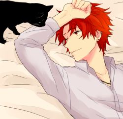 Rule 34 | 1boy, akagi toma, bed, cat, earrings, fire emblem, jewelry, male focus, necklace, nintendo, one eye closed, red eyes, red hair, saichi (meme+), solo, tokyo mirage sessions fe, upper body