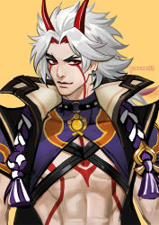 Rule 34 | 1boy, abs, arataki itto, body markings, chest harness, choker, collar, crop top, ear piercing, expression request, facial mark, facial tattoo, genshin impact, hair intakes, harness, horns, japanese clothes, jewelry, long hair, looking at viewer, male focus, mistermagnolia, multicolored hair, o-ring, o-ring choker, oni, oni horns, piercing, red eyes, red hair, simple background, solo, spiked collar, spikes, streaked hair, tattoo, twitter username, upper body, vision (genshin impact), white hair