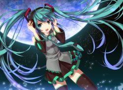 Rule 34 | 1girl, bad id, bad pixiv id, detached sleeves, female focus, gradient hair, green eyes, green hair, hatsune miku, headphones, kumio, long hair, matching hair/eyes, moon, multicolored hair, necktie, night, open mouth, outdoors, skirt, sky, solo, thighhighs, twintails, very long hair, vocaloid
