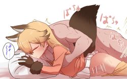 Rule 34 | 10s, 1boy, 1girl, animal ears, bar censor, blonde hair, blush, censored, clothed female nude male, clothes pull, ezo red fox (kemono friends), fox ears, fox tail, from behind, gloves, groin, groping, hetero, kemono friends, long hair, long sleeves, lying, motion lines, muscular, no panties, nude, on stomach, orange shirt, penis, pillow, pleated skirt, prone bone, sex, sex from behind, shirt, simple background, skirt, sleep molestation, sleeping, sumiyao (amam), sweat, tail, thighhighs, uterus, veins, veiny penis, white background, x-ray