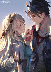 Rule 34 | 1boy, 1girl, aqua eyes, black hair, blonde hair, blue eyes, blue jacket, blush, box, braid, breasts, closed mouth, commentary, couple, crown braid, dated, dog tags, earrings, eiyuu densetsu, elaine auclair, english commentary, face-to-face, from side, fur-trimmed jacket, fur trim, gift, gift box, hair between eyes, hetero, highres, holding, holding gift, holding hands, jacket, jewelry, kuro no kiseki, light particles, long hair, looking at another, medium breasts, mixed-language commentary, open clothes, open jacket, open mouth, profile, red shirt, shirt, short hair, smile, spiked hair, upper body, valentine, van arkride, white jacket, white shirt, willfin, zipper, zipper pull tab