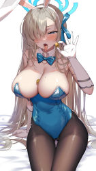 Rule 34 | 1girl, absurdres, animal ears, arm support, asuna (blue archive), asuna (bunny) (blue archive), asymmetrical bangs, bare shoulders, between breasts, blue archive, blue bow, blue bowtie, blue eyes, blue leotard, blue ribbon, blush, bow, bowtie, breasts, brown pantyhose, coin, collarbone, detached collar, drooling, fake animal ears, gloves, gluteal fold, grey hair, hair over one eye, hair ribbon, hairband, half-closed eyes, halo, highleg, highleg leotard, highres, holding, holding coin, huge breasts, large breasts, leotard, long hair, looking at viewer, mintoaisu, mole, mole on breast, nose blush, open mouth, pantyhose, playboy bunny, rabbit ears, ribbon, saliva, sitting, smile, solo, strapless, strapless leotard, thighband pantyhose, tongue, tongue out, torogao, traditional bowtie, very long hair, white gloves, white hairband
