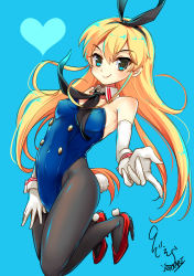 Rule 34 | 1girl, absurdres, alternate eye color, an jera, animal ears, bare shoulders, black bow, black bowtie, blonde hair, blue background, blue eyes, blue leotard, bow, bowtie, breasts, detached collar, elbow gloves, gloves, hairband, heart, high heels, highres, kantai collection, leotard, lips, long hair, looking at viewer, pantyhose, playboy bunny, rabbit girl, rabbit tail, red footwear, shimakaze (kancolle), signature, simple background, small breasts, solo, strapless, strapless leotard, tail, white gloves, wrist cuffs