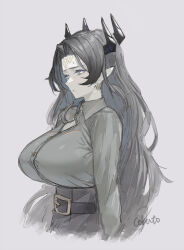 Rule 34 | 1girl, alternate costume, arknights, artist name, belt, black belt, black hair, black skirt, blush, breasts, closed mouth, cokuto1, collared shirt, commentary, cropped torso, demon horns, earrings, facial mark, forehead mark, from side, grey background, grey eyes, grey shirt, horns, jewelry, large breasts, long hair, long sleeves, looking down, mole, mole under mouth, pale skin, parted bangs, perky breasts, shirt, shirt tucked in, signature, simple background, skirt, solo, sweat, upper body, valarqvin (arknights), wing collar