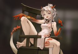 Rule 34 | 1girl, arknights, bare arms, bare legs, barefoot, blurry, blurry background, bracelet, breasts, chair, china dress, chinese clothes, colored skin, commentary, covered navel, dragon horns, dragon tail, dress, eyeshadow, feet, folded fan, folding fan, gradient skin, hair bun, hand fan, highres, holding, holding fan, horns, jewelry, knee up, long hair, looking at viewer, makeup, medium breasts, mone (user aege8533), multicolored hair, nian (arknights), nian (unfettered freedom) (arknights), official alternate costume, open mouth, pelvic curtain, pointy ears, purple eyes, red eyeshadow, red hair, red horns, red skin, single hair bun, sitting, sleeveless, sleeveless dress, smile, solo, spread legs, streaked hair, tail, teeth, toes, tongue, tongue out, upper teeth only, white dress, white hair, wooden chair