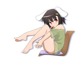 Rule 34 | 1girl, alternate costume, animal ears, bare legs, bare shoulders, barefoot, black hair, blush, bottomless, full body, hachi (chihagura), hair ornament, hairclip, inaba tewi, looking at viewer, mouth hold, naked shirt, no bra, no panties, rabbit ears, red eyes, see-through, shirt, short hair, simple background, solo, touhou, tupet, white background
