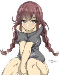 Rule 34 | 1girl, braid, brown hair, commentary request, feet out of frame, gakky, green eyes, grey shirt, kantai collection, noshiro (kancolle), off-shoulder shirt, off shoulder, one-hour drawing challenge, own hands clasped, own hands together, shirt, simple background, sitting, solo, swept bangs, t-shirt, twin braids, white background