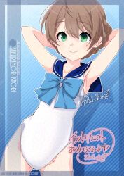 Rule 34 | 1girl, ahoge, armpits, arms behind head, artist name, blue bow, blue sailor collar, bow, braid, brown hair, character name, commission, glaze artifacts, gradient background, green eyes, hair between eyes, highres, idolmaster, idolmaster million live!, inaba shiki, leotard, pixiv commission, sailor collar, sakuramori kaori, short hair, sitting, sleeveless, solo, striped background, white leotard