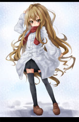 Rule 34 | 00s, 1girl, aisaka taiga, bad id, bad pixiv id, black thighhighs, breath, brown eyes, brown hair, chonbo (artist), coat, full body, letterboxed, long hair, red scarf, scarf, skirt, solo, thighhighs, toradora!, very long hair, winter clothes, zettai ryouiki