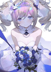 Rule 34 | 1girl, absurdres, barbara (genshin impact), bare arms, bare shoulders, bead necklace, beads, blush, breasts, bride, cleavage, detached collar, dress, flower, genshin impact, highres, holding, holding flower, jewelry, looking at viewer, luelue zi, necklace, sleeveless, sleeveless dress, smile, solo, strapless, strapless dress, tiara, wedding dress, white dress