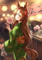 Rule 34 | 1girl, absurdres, animal ears, brown hair, closed mouth, commentary request, cotton candy, festival, flower, food, from behind, hair flower, hair ornament, half updo, highres, holding, holding food, horse ears, horse girl, horse tail, japanese clothes, kimono, lantern, long hair, long sleeves, looking at viewer, looking back, night, outdoors, paper lantern, satono diamond (umamusume), smile, standing, sunny (20597521), tail, text background, torii, umamusume, wide sleeves, yukata