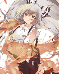 Rule 34 | 1girl, bow, breasts, closed mouth, collared shirt, commentary, cowboy shot, fire, floating hair, foreshortening, fujiwara no mokou, hair between eyes, hair bow, hair ribbon, higa (gominami), highres, light smile, long hair, looking at viewer, medium breasts, outstretched hand, pants, red eyes, red pants, ribbon, shirt, silver hair, simple background, smile, smirk, solo, suspenders, torn clothes, torn pants, torn shirt, touhou, tress ribbon, white background, white shirt