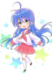 Rule 34 | 1girl, :d, ahoge, blue hair, blush, eyebrows hidden by hair, full body, green eyes, hair between eyes, highres, izumi konata, kneehighs, leg up, long hair, looking at viewer, lucky star, midriff, mole, mole under eye, nanami ayane (kusunoki5050), neckerchief, open mouth, outstretched arms, pink neckerchief, pink skirt, pleated skirt, puffy sleeves, red footwear, red sailor collar, ryouou school uniform, sailor collar, school uniform, serafuku, simple background, skirt, smile, socks, solo, standing, standing on one leg, star (symbol), very long hair, white socks