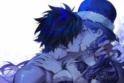 Rule 34 | 1boy, 1girl, black eyes, black hair, blue coat, blue eyes, blue hair, blue headwear, blue theme, blush, coat, colored skin, fairy tail, fur-trimmed coat, fur-trimmed headwear, fur trim, gray fullbuster, half-closed eyes, highres, hug, juvia lockser, kiss, long hair, looking at another, short hair, toned, toned male, topless, topless male, white skin, xuchuan