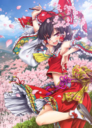 Rule 34 | 1girl, :d, arm up, armpits, bell, black hair, bow, cherry blossoms, detached sleeves, female focus, groin, hair tubes, hakurei reimu, highres, kouhaku nawa, looking at viewer, midriff, nail polish, navel, open mouth, petals, red eyes, shimenawa, smile, solo, touhou, tree, uneven eyes, uousa-ou