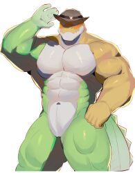 Rule 34 | 1boy, abs, absurdres, bara, blank eyes, blush, brown hat, closed mouth, commentary, cowboy hat, crocodile boy, crocodilian tail, eli (elibahh), english commentary, furry, furry male, gummigoo, hand up, hat, highres, male focus, muscular, muscular male, no pupils, pectorals, tail, the amazing digital circus, white background