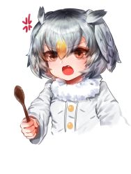 Rule 34 | 10s, 1girl, anger vein, angry, bad id, bad pixiv id, bird wings, blonde hair, buttons, coat, commentary request, dokomon, fang, fur collar, grey hair, head wings, highres, kemono friends, korean commentary, long sleeves, multicolored hair, northern white-faced owl (kemono friends), open mouth, owl ears, short hair, solo, spoon, upper body, white hair, wings