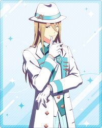 Rule 34 | 1boy, aqua bow, aqua bowtie, blonde hair, bow, bowtie, fedora, formal, gloves, hair between eyes, hat, idolmaster, idolmaster side-m, idolmaster side-m growing stars, koron chris, long sleeves, male focus, official art, one eye closed, simple background, smile, thumb to mouth