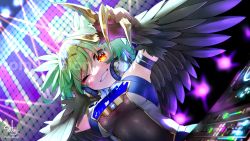 Rule 34 | 1girl, artist name, black feathers, black wings, breasts, claws, commentary request, commission, feathers, green hair, harpy, headphones, highres, indie virtual youtuber, lincoro, mixing console, monster girl, one eye closed, parted lips, short hair, short twintails, skeb commission, small breasts, smile, solo, tiara, twintails, twitter username, virtual youtuber, winged arms, wings, yellow eyes, yukimichi (nieko)