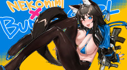 Rule 34 | 1girl, ;), absurdres, animal ears, blue eyes, blush, bullpup, cat ears, detached collar, fox tail, full body, gun, high heels, highres, kare huang, latex jacket, looking at viewer, meme attire, one eye closed, open mouth, original, pantyhose, reverse bunnysuit, reverse outfit, smile, tail, weapon