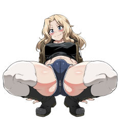 Rule 34 | 10s, 1girl, blonde hair, blue eyes, blush, breasts, cleft of venus, covered erect nipples, eyebrows, full body, girls und panzer, image sample, jun (rojiura jack), kay (girls und panzer), large breasts, long hair, looking at viewer, medium breasts, micro shorts, navel, pixiv sample, short shorts, shorts, smile, solo, spread legs, squatting, thick thighs, thighhighs, thighs, white thighhighs, zipper