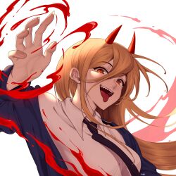 Rule 34 | 1girl, absurdres, annidrw, black necktie, blood, blue jacket, breasts, chainsaw man, cross-shaped pupils, demon horns, hair between eyes, highres, horns, jacket, long hair, long sleeves, necktie, open mouth, power (chainsaw man), red horns, sharp teeth, shirt, smile, solo, symbol-shaped pupils, teeth, tongue, tongue out, white shirt, yellow eyes