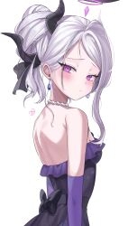 Rule 34 | 1girl, 2k (tldntkfkdro), absurdres, black horns, blue archive, blush, closed mouth, dangle earrings, demon horns, dress, earrings, elbow gloves, gloves, grey hair, highres, hina (blue archive), hina (dress) (blue archive), horns, jewelry, long hair, multiple horns, necklace, official alternate costume, official alternate hairstyle, purple dress, purple eyes, purple gloves, signature, simple background, solo, strapless, strapless dress, upper body, white background