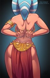 Rule 34 | 1girl, ahsoka tano, armlet, ass, back, backboob, blue hair, breasts, colored skin, commentary, contrapposto, cosplay, dimples of venus, english commentary, from behind, highres, jewelry, loincloth, medium breasts, medium hair, metal bikini, multicolored hair, neck ring, orange skin, princess leia organa solo, princess leia organa solo (cosplay), revealing clothes, shoulder blades, slave, solo, standing, star wars, star wars: return of the jedi, star wars: the clone wars, tentacle hair, the other half, togruta, two-tone hair, undressing, white hair