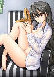 Rule 34 | 10s, 1girl, alternate costume, armchair, bad id, bad pixiv id, bare legs, barefoot, bespectacled, black hair, breast pocket, breasts, brown eyes, buttons, chair, cleavage, collared shirt, dress shirt, flower, glasses, groin, hair between eyes, hair ornament, hairclip, haruna (kancolle), headgear, unworn headgear, holding, kantai collection, knees up, long hair, long sleeves, looking at viewer, medium breasts, naked shirt, navel, open clothes, open shirt, oyabun (higashi), parted lips, pocket, rimless eyewear, shirt, sitting, smile, solo, stomach, thighs, unbuttoned, unbuttoned shirt, very long hair, white shirt, wing collar