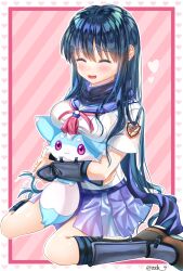 Rule 34 | 1girl, :3, :d, ^ ^, angel beats!, animal, animal hug, black hair, black socks, blue sailor collar, blue skirt, blush, breast hold, breasts, closed eyes, commentary request, commission, company connection, crossed arms, crossover, eyelashes, eyes visible through hair, fang, feet out of frame, fox, furrowed brow, hair between eyes, happy, heart, highres, holding, holding animal, inari (summer pockets), kneehighs, long hair, medium breasts, multiple crossover, neckerchief, open mouth, pink background, pink neckerchief, pleated skirt, sailor collar, shiina (angel beats!), shinda sekai sensen uniform, shirt, short sleeves, simple background, sitting, skeb commission, skirt, smile, socks, solo, straight hair, summer pockets, twitter username, variant set, very long hair, wariza, white shirt, zuzuhashi