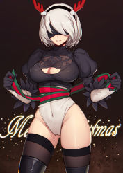 Rule 34 | 1girl, 2b (nier:automata), antlers, black footwear, black gloves, black thighhighs, blindfold, blush, boots, breasts, brown background, cameltoe, christmas, cleavage, cleavage cutout, clothing cutout, covered erect nipples, covered eyes, covered navel, cowboy shot, english text, evan yang, facing viewer, fake antlers, gloves, gluteal fold, grey hair, hairband, highleg, highleg leotard, holding, horns, legs apart, leotard, light particles, lipstick, long sleeves, makeup, medium breasts, merry christmas, mole, mole under eye, mole under mouth, narrow waist, nier:automata, nier (series), no pants, pink lips, pom pom (clothes), puffy sleeves, ribbon, short hair, skin tight, skindentation, smile, solo, striped ribbon, thigh boots, thighhighs, turtleneck, vambraces, white leotard