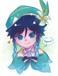 Rule 34 | 1boy, androgynous, beret, black hair, blue hair, bow, braid, cape, closed mouth, collared cape, collared shirt, english text, flower, genshin impact, gradient hair, green eyes, green hat, hair flower, hair ornament, hat, heart, highres, leaf, looking at viewer, male focus, multicolored hair, shirt, short hair with long locks, simple background, smile, smollxiao, solo, speech bubble, twin braids, venti (genshin impact), white background, white flower, white shirt