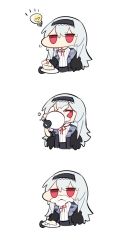 Rule 34 | 1girl, cake, comic, food, girls&#039; frontline, gloves, headband, holding, holding plate, long hair, plate, red eyes, silver hair, simple background, solo, thunder (girls&#039; frontline), white background, zocehuy