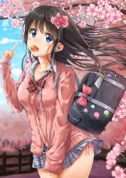 Rule 34 | 1girl, badge, bag, blue eyes, blue sky, blush, bow, bowtie, breasts, brown hair, button badge, buttons, cable, candy, cardigan, cherry blossoms, clothes tug, cloud, cloudy sky, collarbone, collared shirt, covering privates, covering crotch, cowboy shot, day, dress shirt, earbuds, earphones, fence, floating hair, food, grey skirt, hand up, highres, holding, kuria (clear trip second), legs together, lollipop, long sleeves, looking at viewer, medium breasts, miniskirt, mouth hold, original, outdoors, panties, pantyshot, pink panties, pink sweater, plaid, plaid bow, plaid bowtie, plaid neckwear, plaid skirt, pleated skirt, pocket, school bag, school uniform, shirt, shoulder bag, side-tie panties, side-tie peek, skirt, skirt tug, sky, sleeves past wrists, solo, standing, sweater, tongue, tongue out, tree, underwear, white shirt, wind, wind lift, wooden fence