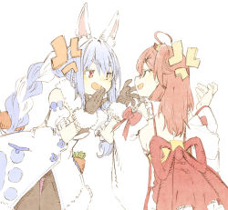 Rule 34 | 2girls, abara heiki, ahoge, anger vein, animal ear fluff, animal ears, arm cuffs, back, backless outfit, bell, black gloves, black pantyhose, blue hair, bow, braid, breasts, carrot hair ornament, coat, cowboy shot, detached sleeves, food-themed hair ornament, fur-trimmed coat, fur-trimmed gloves, fur scarf, fur trim, gloves, hair bell, hair ornament, hand to own mouth, hololive, leotard, light blue hair, long hair, looking at another, medium breasts, medium hair, multicolored hair, multiple girls, nontraditional miko, off shoulder, open mouth, pantyhose, pink hair, playboy bunny, profile, rabbit ears, red eyes, sakura miko, sakura miko (1st costume), sideboob, simple background, thick eyebrows, traditional media, twin braids, two-tone hair, usada pekora, usada pekora (1st costume), virtual youtuber, waistcoat, white background, white coat, white hair, wide sleeves