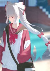 Rule 34 | 1girl, 38 (sanjuuhachi), adapted costume, bag, blunt bangs, blurry, blurry background, bow, bowtie, casual, day, floating hair, fujiwara no mokou, hair bow, hair ribbon, hands in pockets, highres, hood, hoodie, long hair, long sleeves, looking to the side, mouth hold, multi-tied hair, outdoors, pleated skirt, profile, red bow, red bowtie, red eyes, red hoodie, red skirt, ribbon, shoulder bag, skirt, solo, toothpick, touhou, tress ribbon, two-tone hoodie, very long hair, white bow, white hair, white hoodie