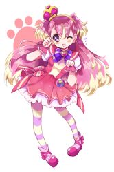 Rule 34 | 1girl, :3, ;d, ankle boots, blonde hair, boots, bow, brooch, commentary request, crown, cure wonderful, dress, dress bow, earrings, full body, hairband, heart, heart brooch, highres, inukai komugi, jewelry, long hair, looking at viewer, magical girl, mini crown, multicolored hair, odaosamu, one eye closed, open mouth, pantyhose, partial commentary, paw pose, paw print, petticoat, pink dress, pink footwear, pink hair, pink pantyhose, pouch, precure, puffy short sleeves, puffy sleeves, purple bow, short dress, short sleeves, simple background, smile, solo, standing, striped clothes, striped pantyhose, tilted headwear, translated, two-tone hair, two side up, white background, wonderful precure!, wrist cuffs, yellow hairband, yellow pantyhose