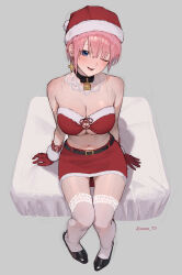 Rule 34 | 1girl, ;), absurdres, alternate costume, bell, belt, belt buckle, black belt, black footwear, blue eyes, bra, breasts, buckle, cleavage, commentary, detached collar, drop earrings, earrings, from above, full body, fur-trimmed bra, fur-trimmed skirt, fur trim, gloves, go-toubun no hanayome, hair between eyes, hat, highres, jewelry, knees together feet apart, large breasts, looking at viewer, nakano ichika, navel, neck bell, one eye closed, open mouth, pencil skirt, pink hair, pom pom (clothes), red bra, red gloves, red hat, red skirt, santa costume, santa hat, short hair, simple background, sitting, skirt, smile, solo, sooon, thighhighs, twitter username, underwear, white thighhighs