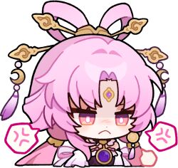 Rule 34 | 1girl, anger vein, chinese clothes, commentary, crescent, crescent hair ornament, english commentary, forehead jewel, frown, fu xuan (honkai: star rail), hair ornament, honkai: star rail, honkai (series), jewelry, long hair, long sleeves, official art, parted bangs, pink hair, solo, speech bubble, transparent background, upper body, v-shaped eyebrows, white sleeves