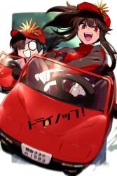 Rule 34 | 2girls, black hair, breasts, car, chibi, driving, echo (circa), fate/grand order, fate (series), jacket, koha-ace, long hair, long sleeves, looking at viewer, motor vehicle, multiple girls, oda nobunaga (fate), open mouth, ponytail, red eyes, red jacket, sidelocks, small breasts, smile, translation request