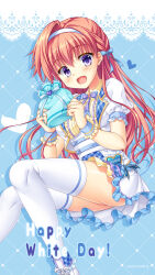 Rule 34 | 1girl, :d, alternate costume, arisue tsukasa, blue background, blue bow, blue wrist cuffs, blush, bow, character name, company name, drop shadow, eyes visible through hair, feet out of frame, floating hair, frilled skirt, frilled wrist cuffs, frills, gift, hair between eyes, hair bow, hairband, hands up, happy, happy white day, heart, heart-shaped ornament, highres, holding, holding gift, kin-iro loveriche, knees together feet apart, kuryuu akane, long hair, looking at viewer, miniskirt, official art, official wallpaper, open mouth, orange hair, puffy short sleeves, puffy sleeves, purple bow, purple eyes, shiny skin, shirt, short sleeves, simple background, single hair intake, skirt, smile, solo, thighhighs, very long hair, white day, white hairband, white shirt, white skirt, white thighhighs, wrist cuffs, zettai ryouiki