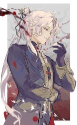 Rule 34 | 1boy, absurdres, ahoge, border, branch, buttons, closed mouth, coat, cup, earrings, flower, gloves, grey sky, hair between eyes, hair bun, hair ornament, hand up, highres, holding, holding cup, honkai: star rail, honkai (series), jewelry, long hair, long sleeves, looking down, male focus, mandarin collar, outdoors, outside border, pfallen, purple coat, purple eyes, purple gloves, purple ribbon, red flower, ribbon, sidelocks, single earring, sky, solo, standing, white border, white hair, yingxing (honkai: star rail)