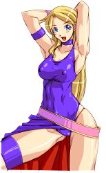 Rule 34 | 1girl, absurdres, armpits, arms behind head, arms up, b.jenet, bare shoulders, belt, blonde hair, blue eyes, blush, bracelet, breasts, choker, cleavage, collar, covered erect nipples, curvy, dress, fatal fury, fingerless gloves, gloves, highleg, highleg panties, highres, hip focus, huge breasts, jenet behrn, jewelry, large breasts, legband, legs, long hair, looking at viewer, muscular, nipples, no bra, panties, pantyshot, pirate, purple panties, qkat (arikawa-dou), resized, skirt, smile, snk, solo, the king of fighters, thighs, thong, toned, underwear