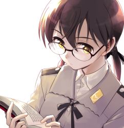 Rule 34 | 1girl, book, brown eyes, brown hair, gertrud barkhorn, glasses, insignia, military, military uniform, niina ryou, reading, solo, strike witches, twintails, uniform, world witches series