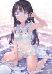 Rule 34 | 1girl, absurdres, black hair, blue eyes, blue sailor collar, blush, bra, bra visible through clothes, breasts, commentary request, dress, highres, long hair, looking at viewer, ocean, original, panties, sailor collar, sitting, small breasts, solo, underwear, usagiplanet7, wariza, water, wet, wet bra, wet clothes, wet dress, wet hair, wet panties, white bra, white dress, white headwear, white panties
