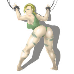 Rule 34 | 1girl, ass, bad id, bad pixiv id, barefoot, bdsm, bent over, blonde hair, blue eyes, bodypaint, bondage, bound, bound wrists, braid, breasts, cammy white, camouflage, cuffs, leotard, long hair, no headwear, san (sinji-koro), scar, shackles, shiny skin, solo, standing, street fighter, thong leotard, torn clothes, twin braids