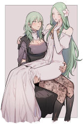 Rule 34 | 2girls, armlet, armor, black armor, black footwear, blush, bodice, boots, breasts, brown pantyhose, bustier, byleth (female) (fire emblem), byleth (fire emblem), capelet, cleavage, commentary request, detached sleeves, dress, enlightened byleth (female), fire emblem, fire emblem heroes, floral print, flower, garreg mach monastery uniform, hair flower, hair ornament, high heel boots, high heels, highres, ikarin, kneehighs, lace, lace-trimmed legwear, lace trim, large breasts, pantyhose under shorts, long hair, looking at another, multiple girls, nintendo, pantyhose, pantyhose under shorts, parted lips, patterned legwear, pointy ears, print legwear, print pantyhose, rhea (fire emblem), shorts, shoulder armor, simple background, sitting, sitting on lap, sitting on person, socks, turtleneck, vambraces, waist cape, white dress, white flower, yuri