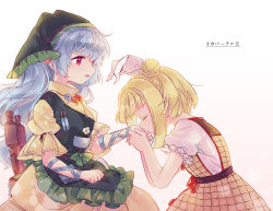Rule 34 | 2girls, apron, arm ribbon, armor, armored dress, biyon, blonde hair, blue hair, blue ribbon, chair, closed mouth, commentary, double bun, dress, flower, from side, green apron, green headwear, hair bun, hair ribbon, haniyasushin keiki, head scarf, jewelry, joutouguu mayumi, kiss, kissing hand, long hair, looking at another, magatama, magatama necklace, multiple girls, necklace, open mouth, pocket, red eyes, ribbon, short hair, short sleeves, simple background, single strap, sitting, smile, symbol-only commentary, touhou, twitter username, white background, white flower, white ribbon, wood carving tool, yellow dress