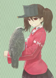Rule 34 | 10s, 1girl, animal, animal on arm, animal on shoulder, bird, bird on arm, bird on shoulder, brown hair, from side, grin, hawk, highres, japanese clothes, kantai collection, kariginu, magatama, miniskirt, nito (nshtntr), patterned background, pleated skirt, red eyes, ryuujou (kancolle), skirt, smile, solo, twintails, upper body, visor cap